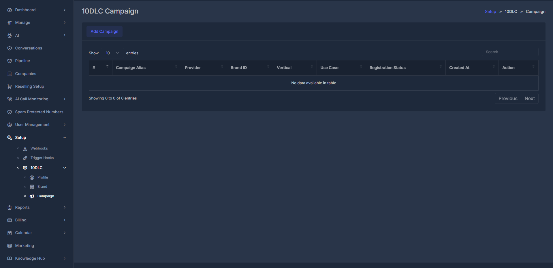 10DLC Campaign Dashboard listing campaigns and their approval/status details