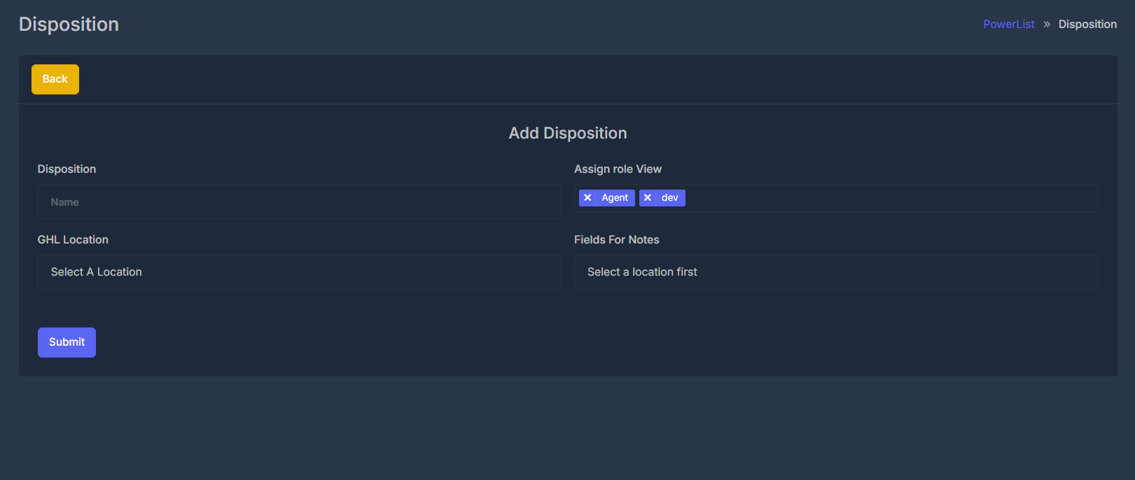 Add New Disposition Interface