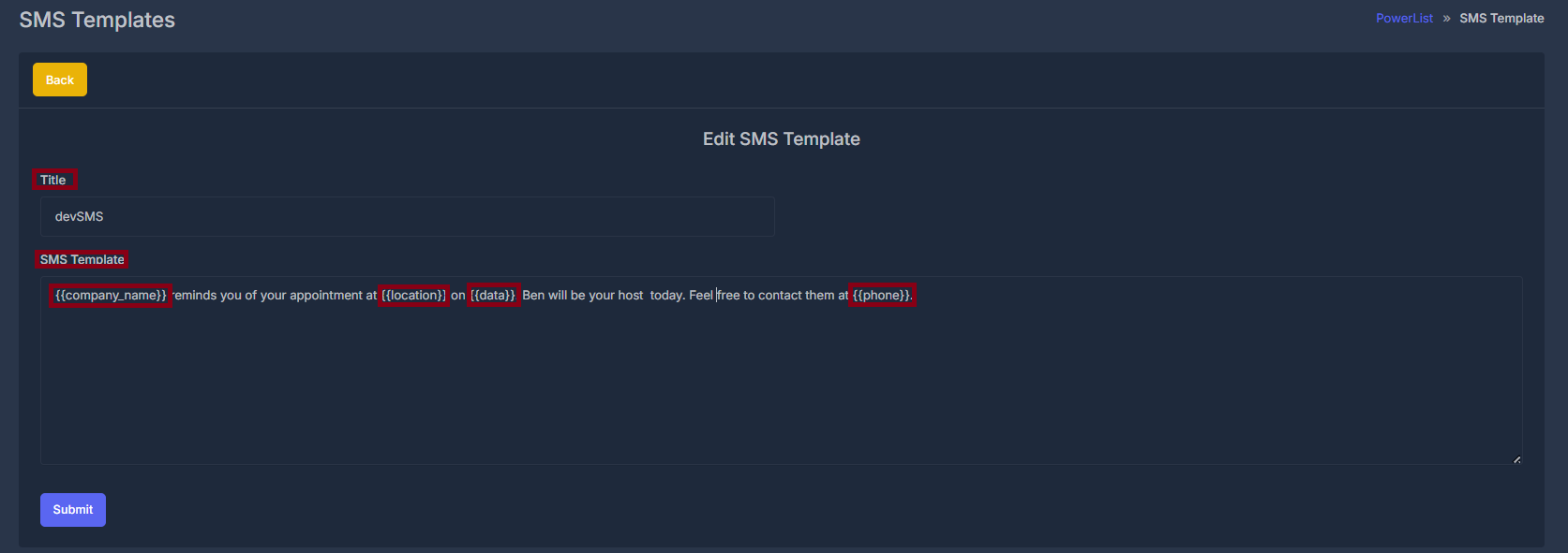 SMS Templates Interface