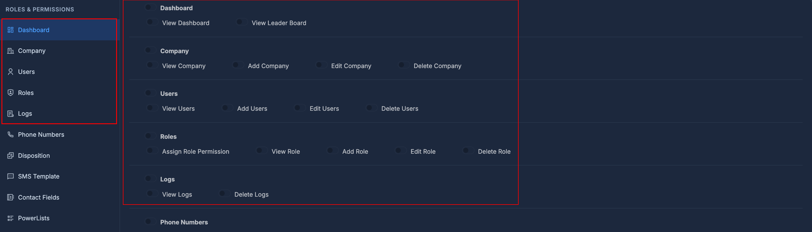 Permissions - Dashboard, Company, Users, Roles, Logs