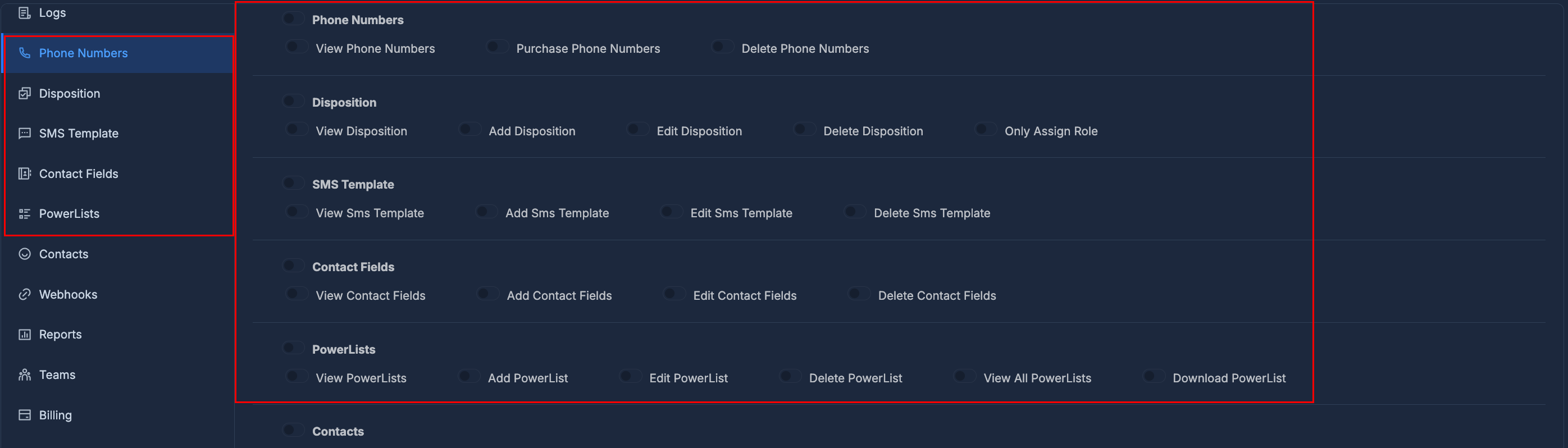 Permissions - Phone Numbers, Disposition, SMS Template, Contact Fields, PowerLists, Conversations, Contacts