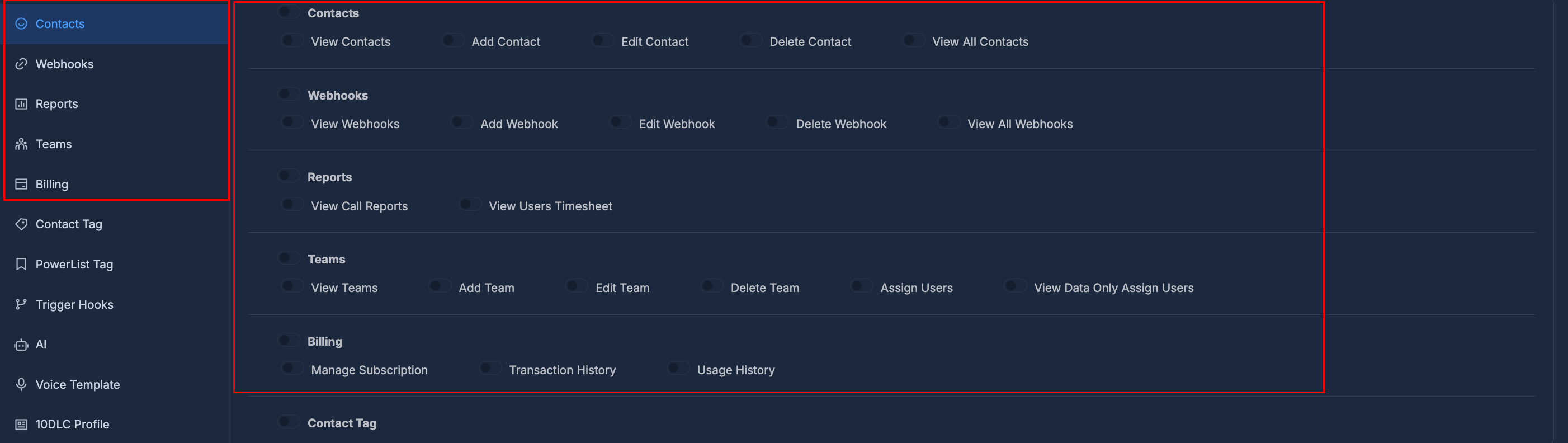 Permissions - Webhooks, Reports, Teams, Billing