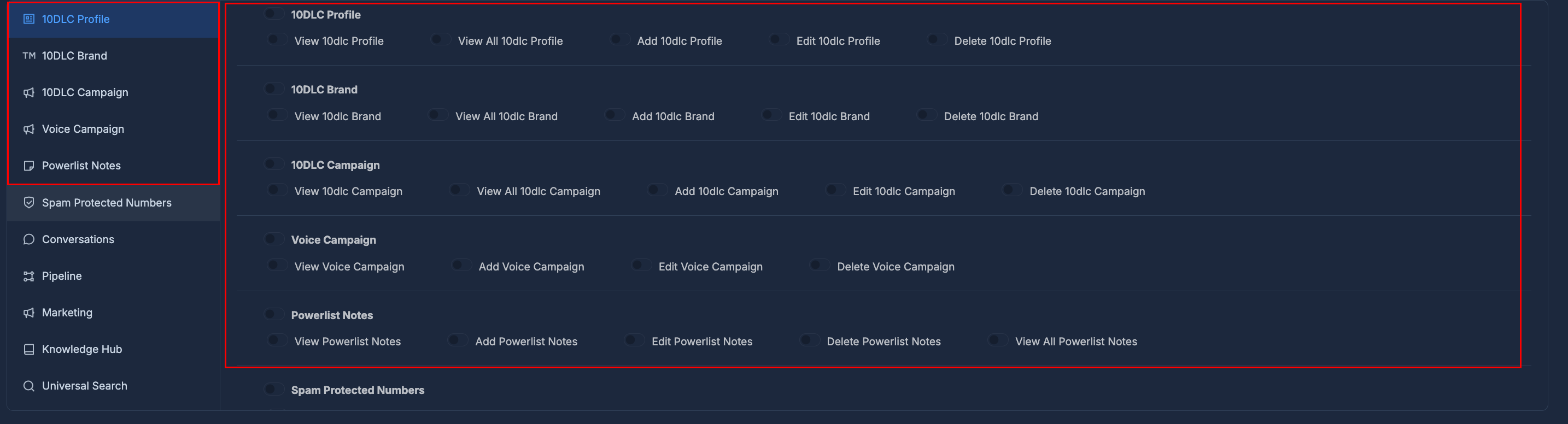 Permissions - 10DLC, Voice Campaign, PowerList Notes, Spam Protection