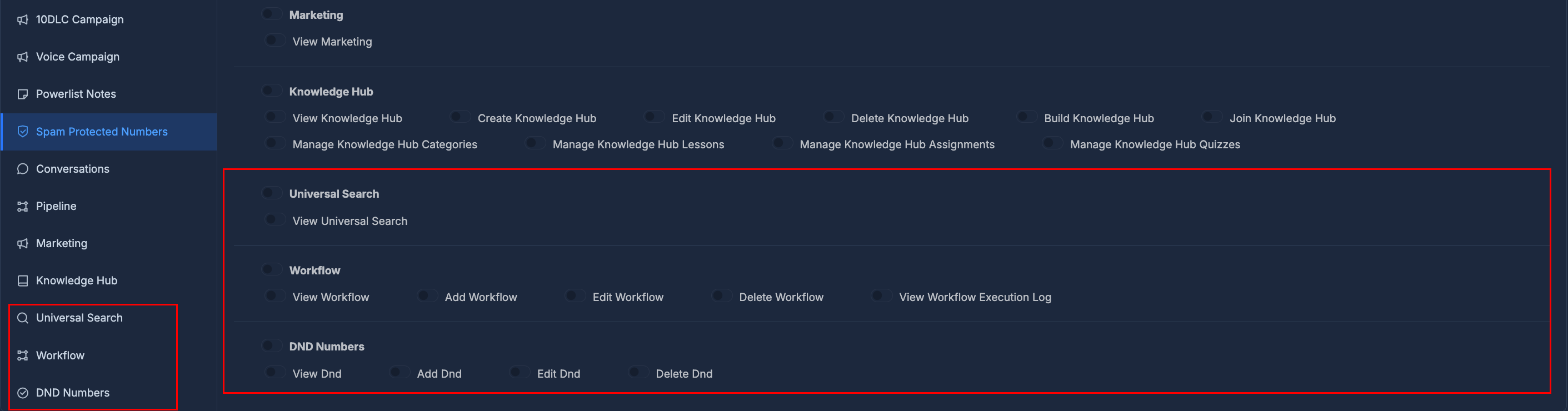 Permissions - Universal Search, Workflow, DND Numbers