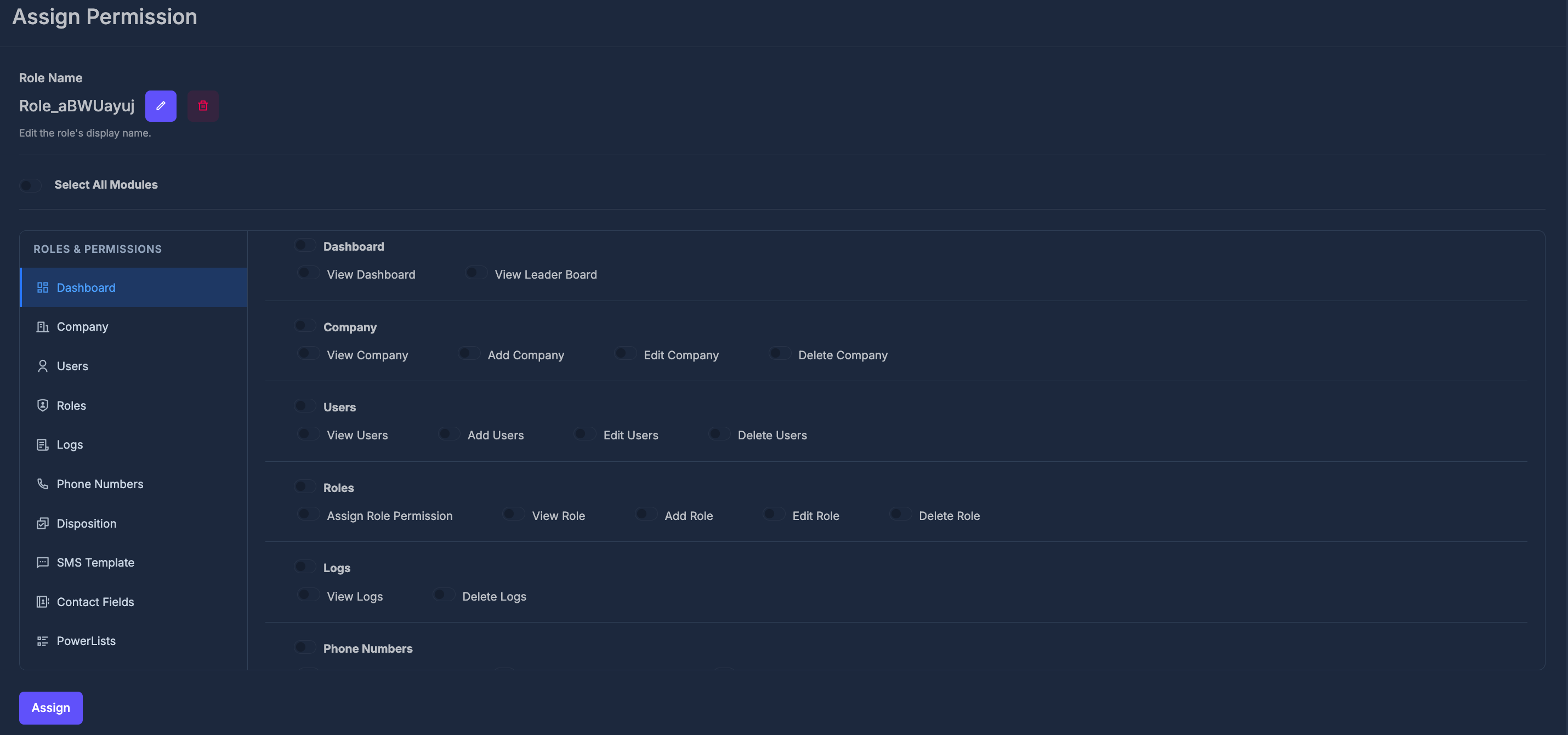 Roles Main Menu - Assign Permission Dashboard