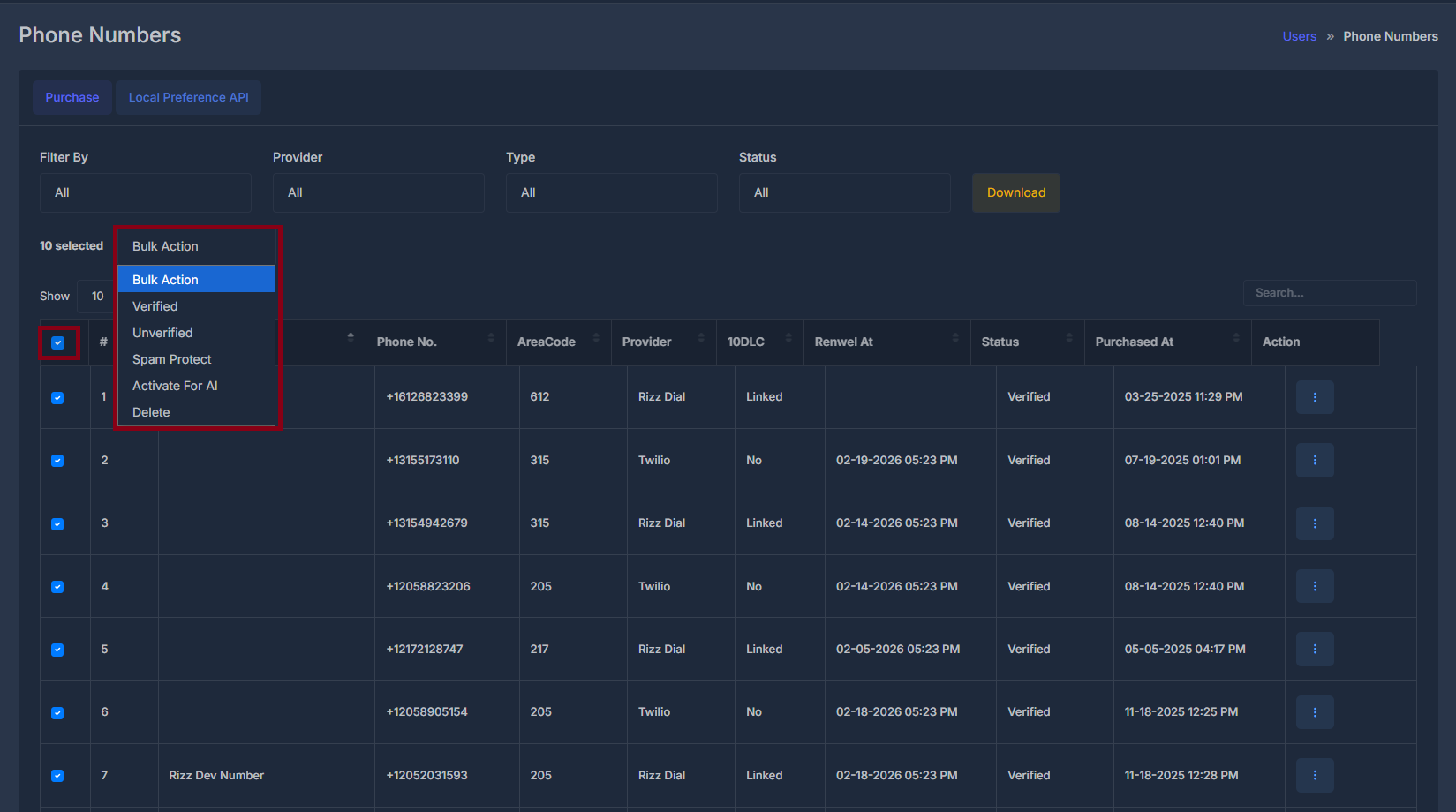 Bulk Actions on Phone Numbers Table