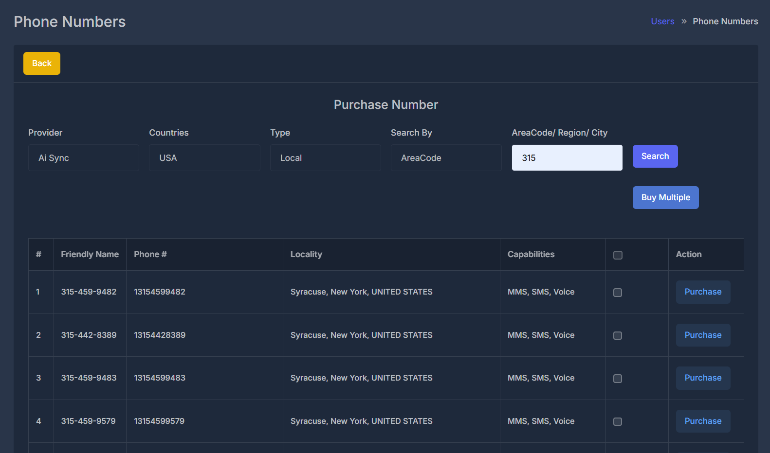 Phone Numbers Purchase Table