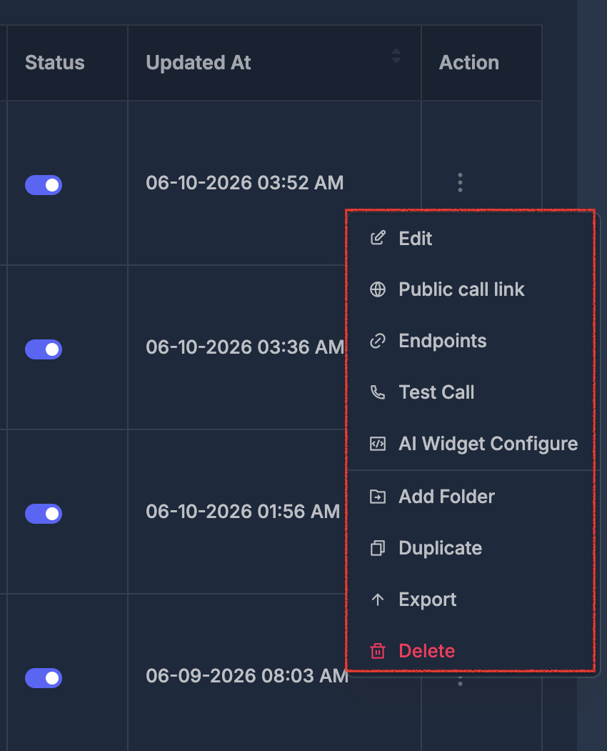 Agent row action menu