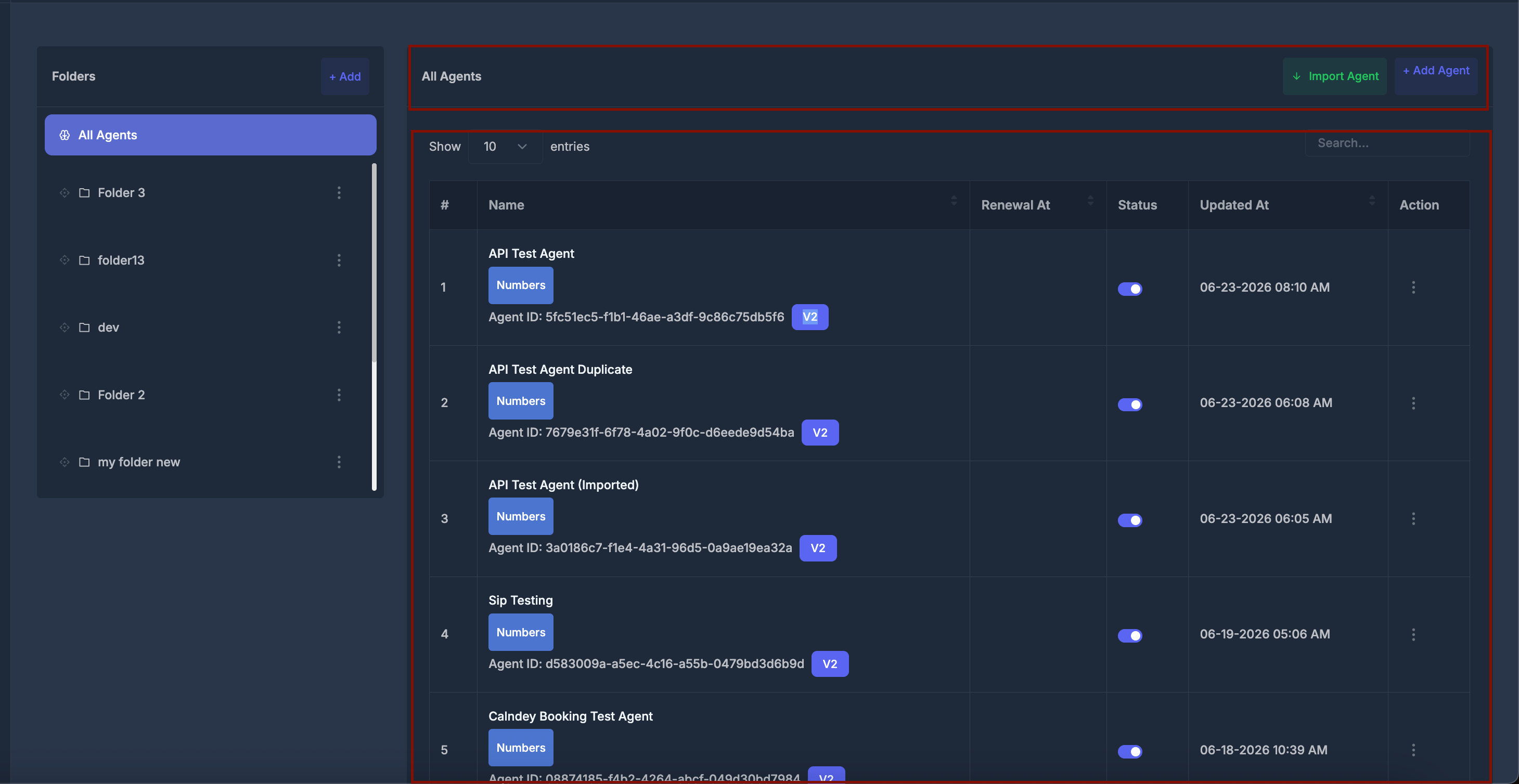Import Agent and Add Agent above the table