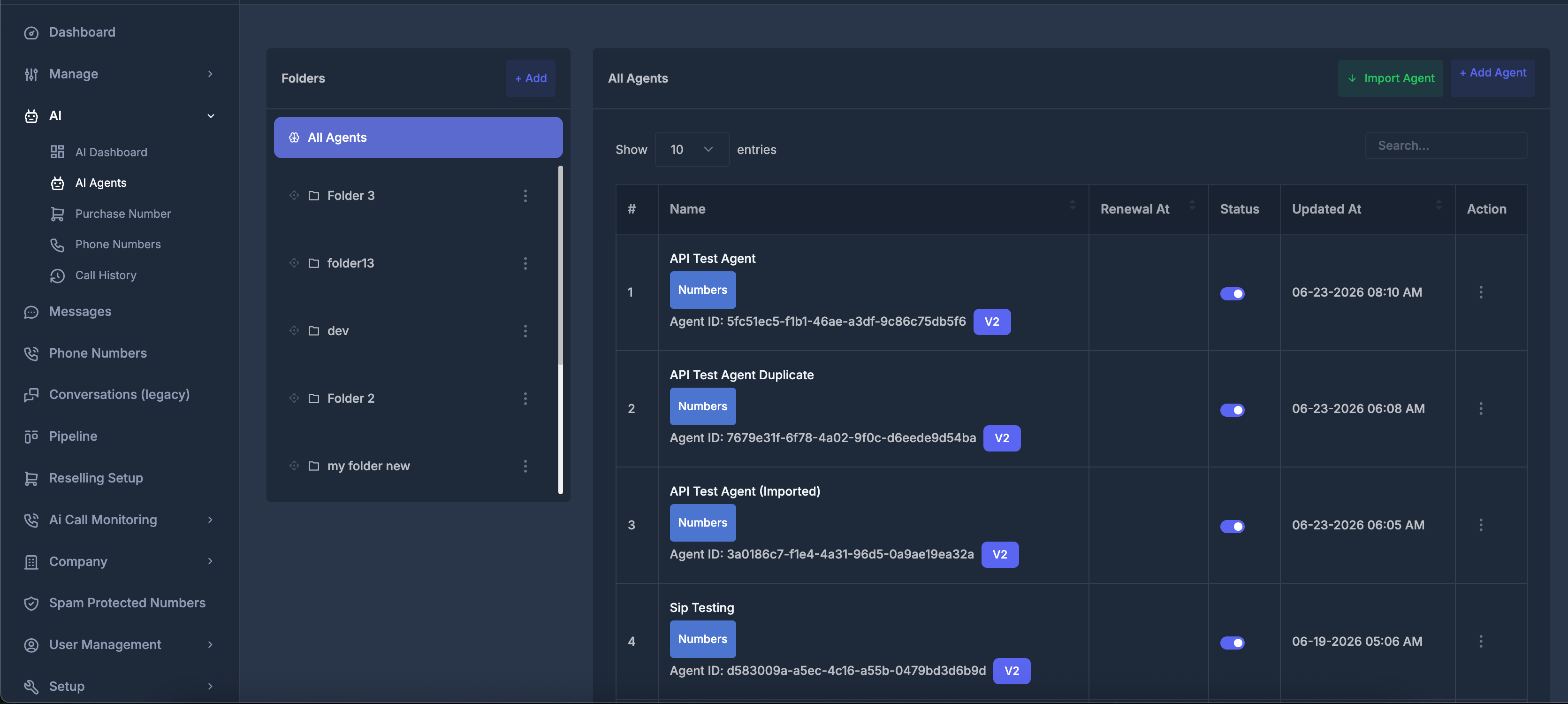 AI Agents page with folders and All Agents list
