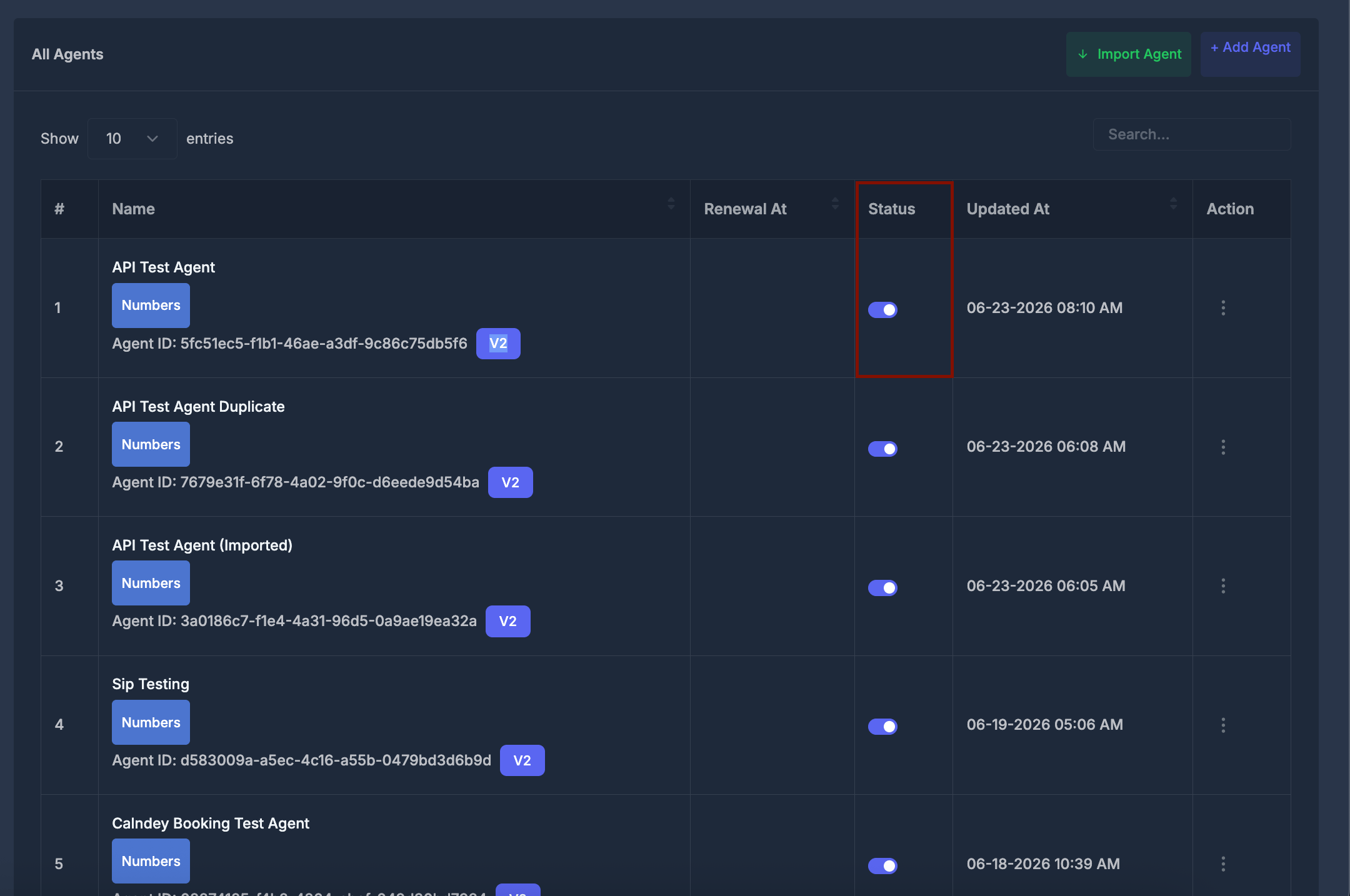 Agent status toggle in the table