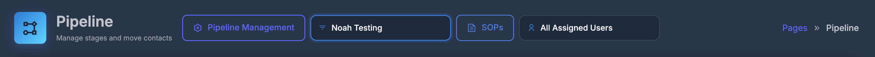 Pipeline board with columns for each stage and contact cards