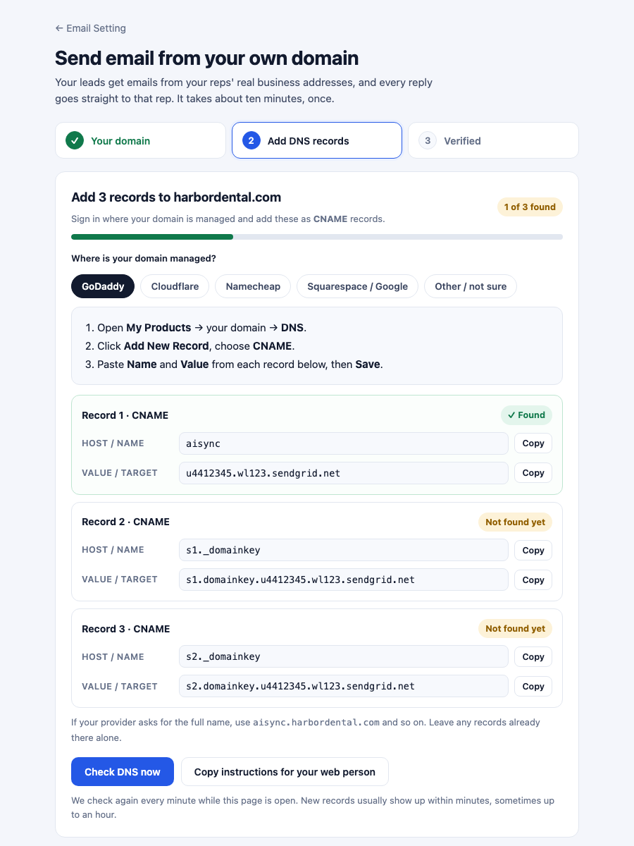 Three CNAME records with Copy buttons and a Found or Not yet status for each
