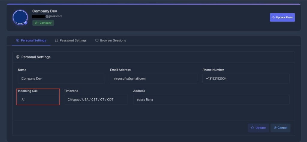 Incoming Call field in Personal Settings