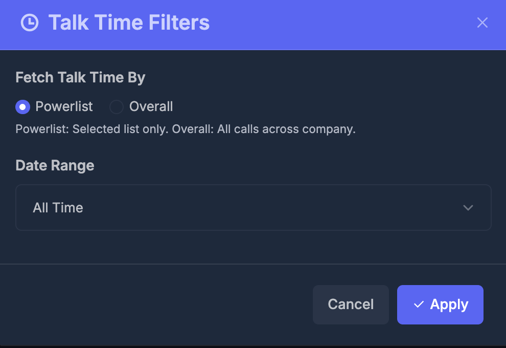 Talk Time Filters modal