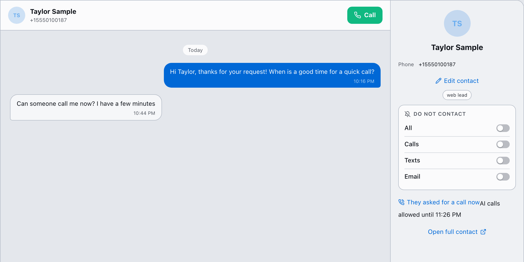 Inbox conversation where the lead texted Can someone call me now; in the side panel, under the Do not contact switches, the They asked for a call now button with AI calls allowed until a time