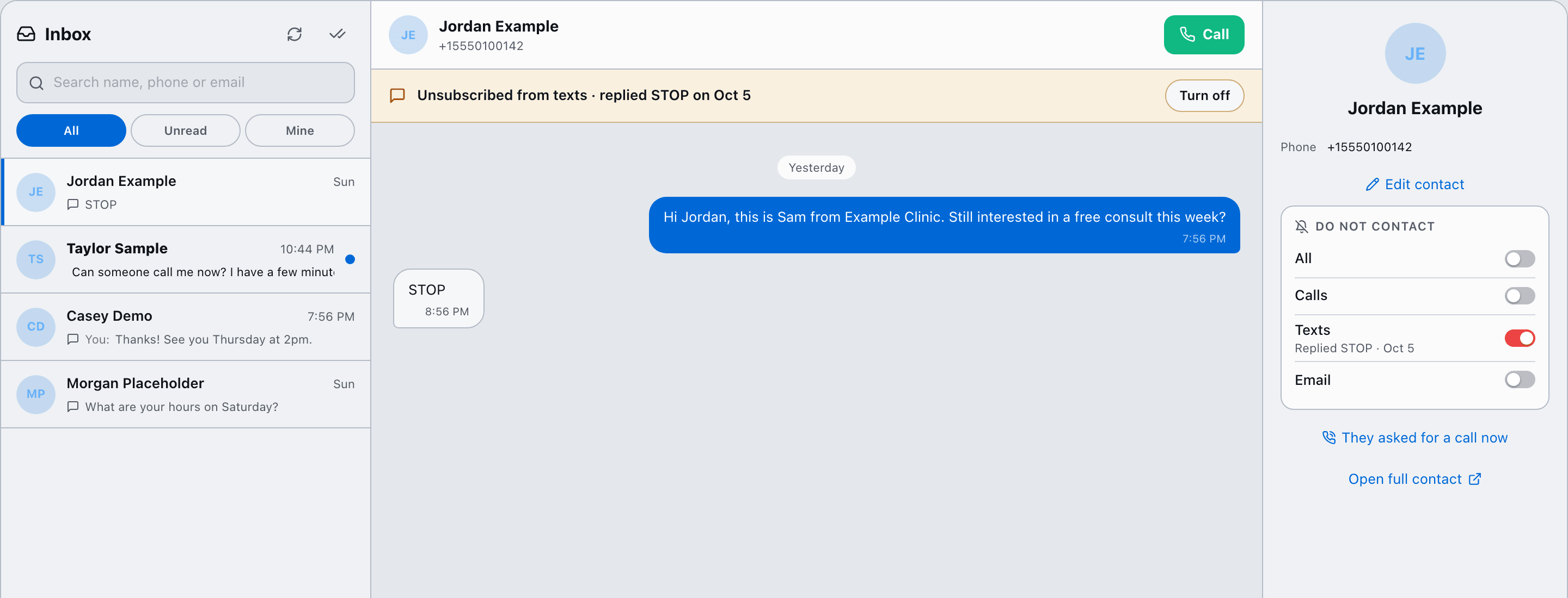 Inbox conversation with a lead who replied STOP: a yellow banner says Unsubscribed from texts, replied STOP, with a Turn off button; the side panel shows the four Do not contact switches with Texts on