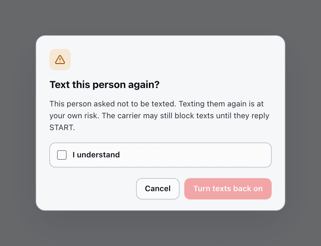 Text this person again? dialog with the warning, an I understand checkbox, and Cancel and Turn texts back on buttons