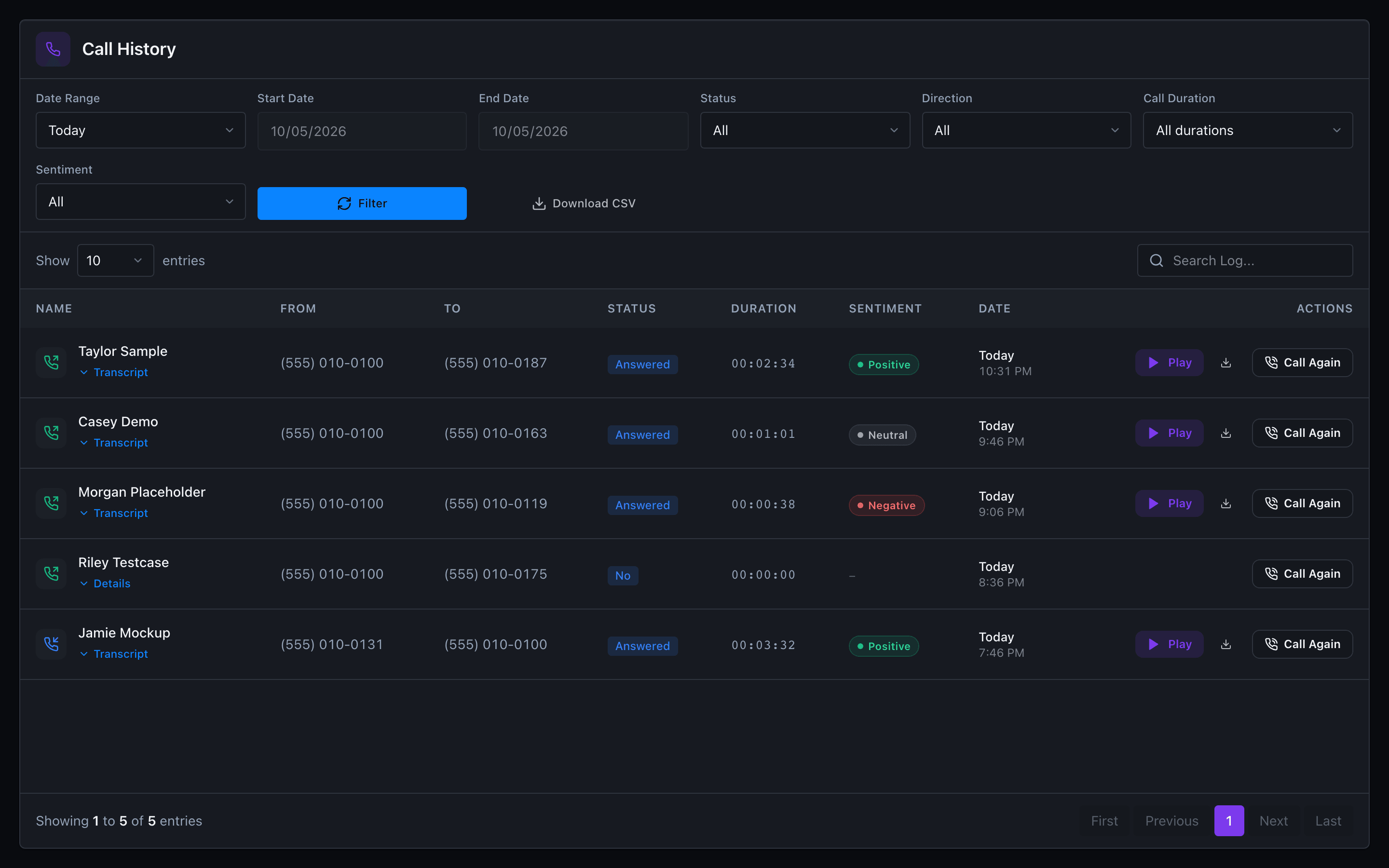 Call History table in dark mode with sentiment pills