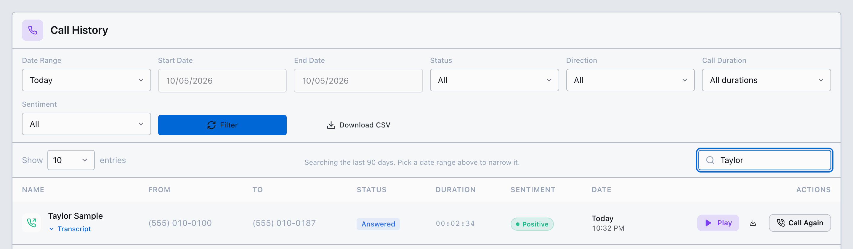 Call History search box with a name typed, the note Searching the last 90 days, and the matching call