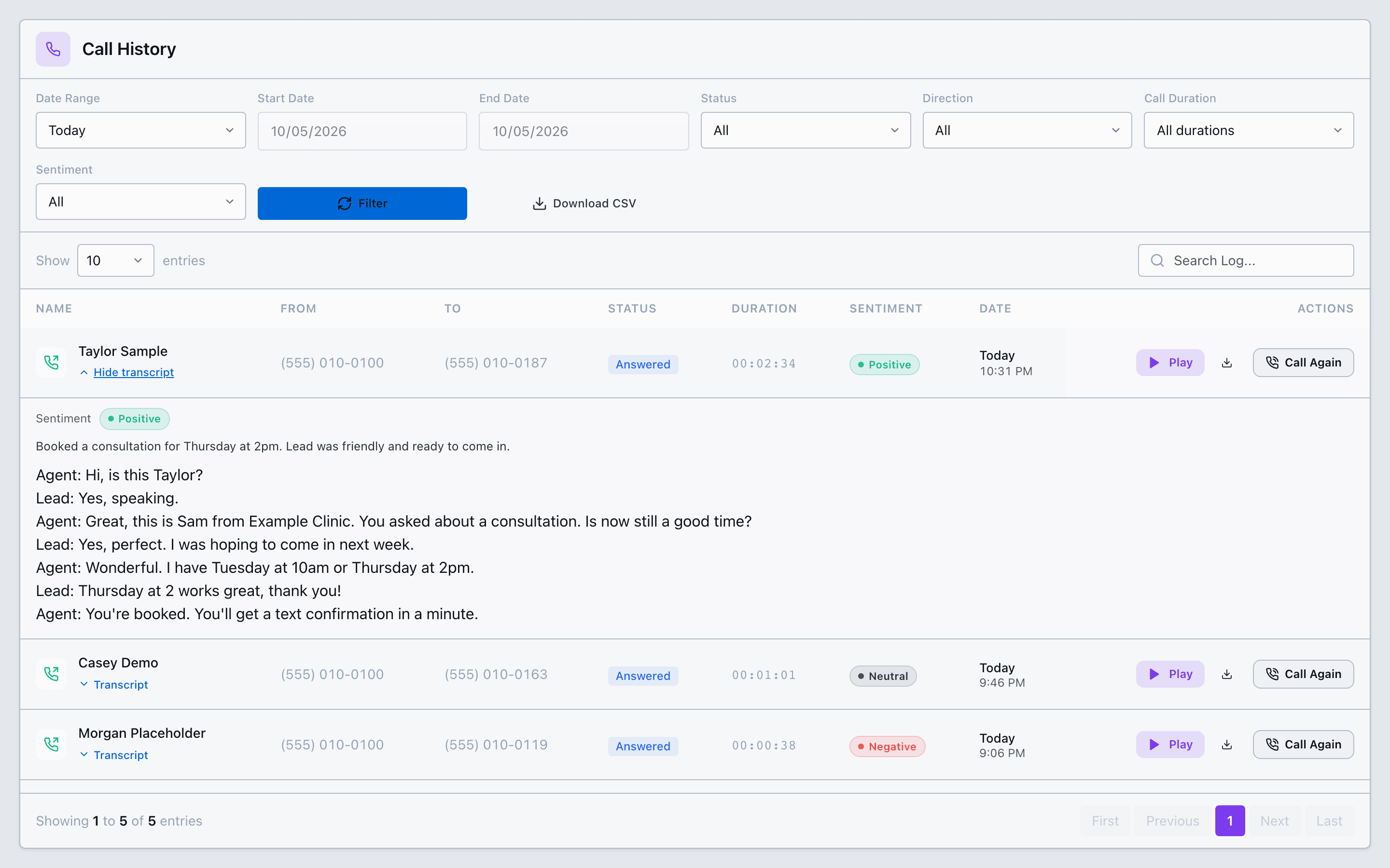 Call History row opened to show Sentiment Positive, a one-line summary and the call transcript