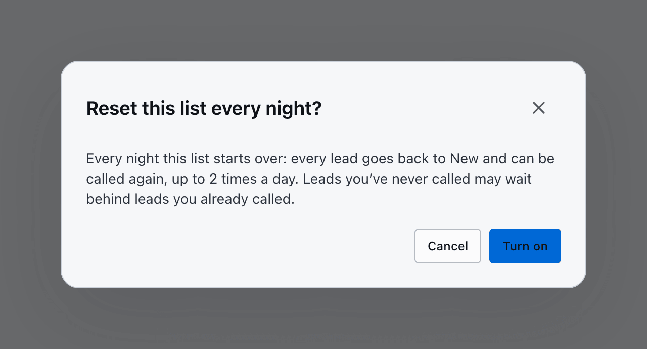 Reset this list every night? dialog explaining every lead goes back to New and can be called up to 2 times a day, with Cancel and Turn on