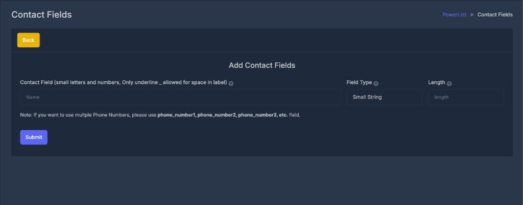 Add Contact Fields form with name, field type, and length