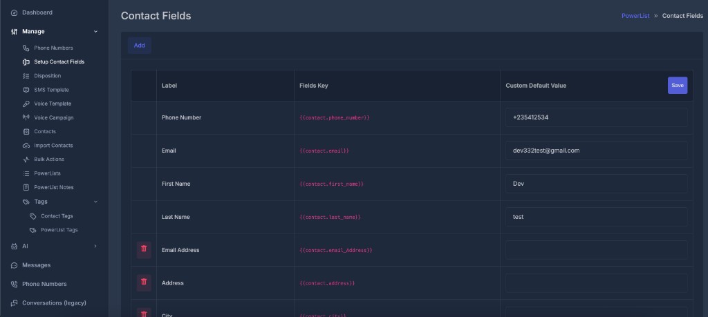 Contact Fields table with Label, Fields Key, Custom Default Value, and Save