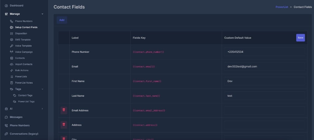 Contact Fields table with Label, Fields Key, Custom Default Value, and Save