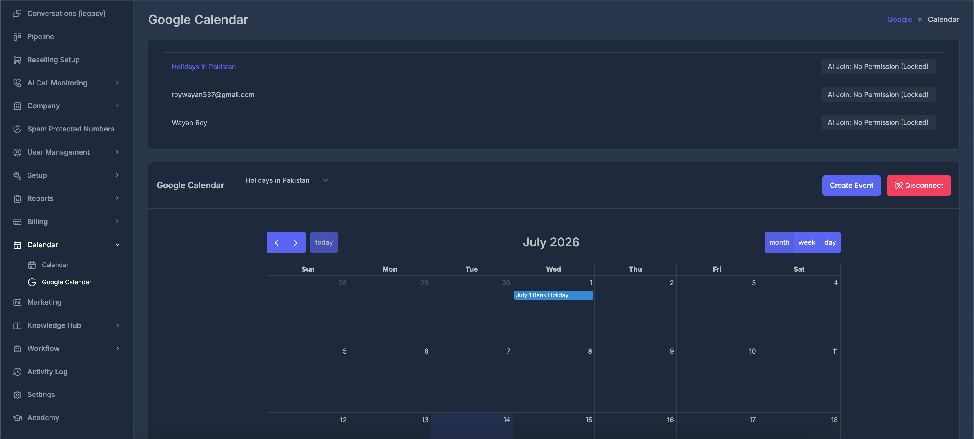 Screenshot of the Integrations page highlighting Google Calendar, Google Sign In, LeadConnector, and Facebook Lead Ads options