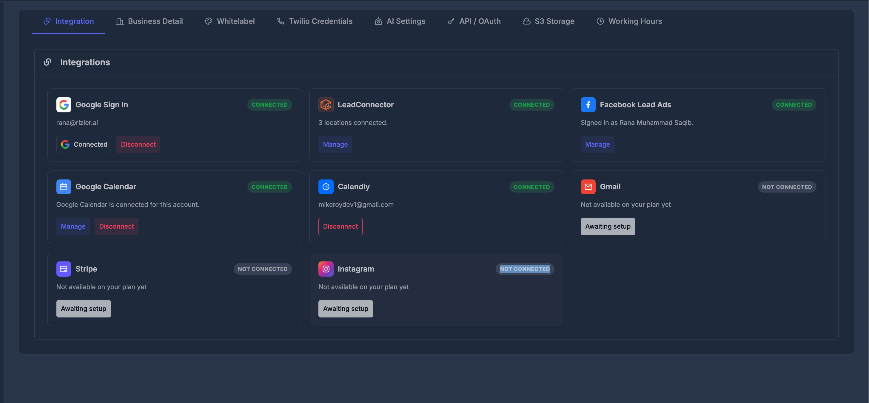 Integrations tab showing Google Sign In, LeadConnector, Facebook Lead Ads, and other integration cards