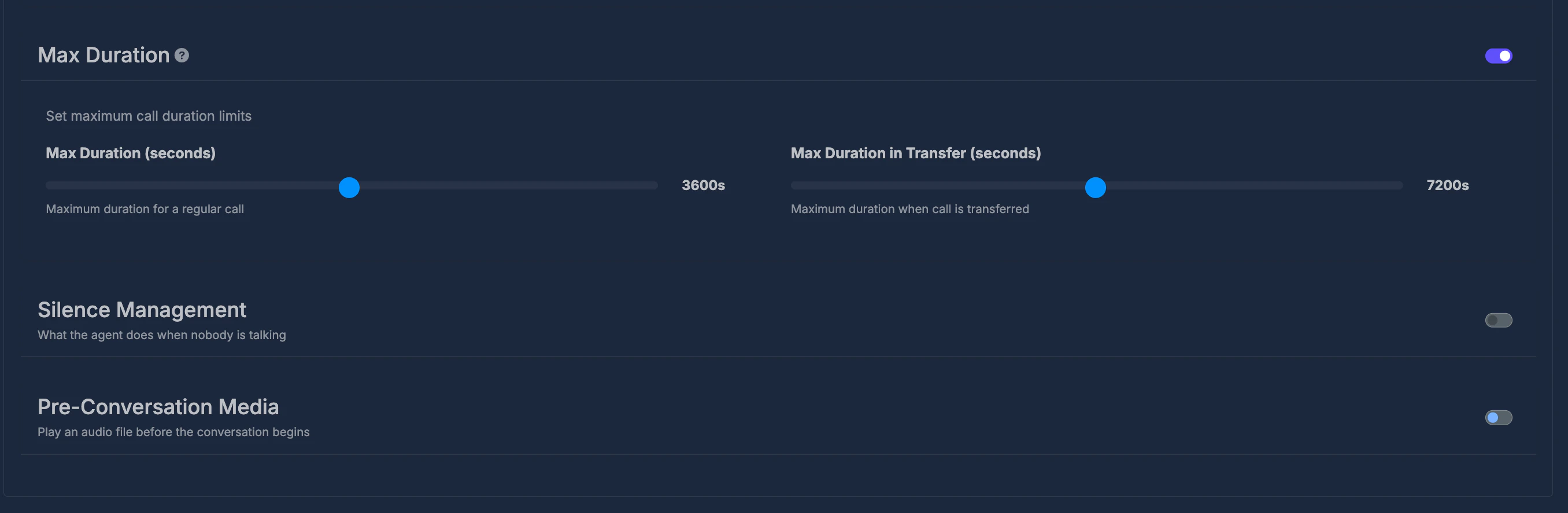 Call Duration, Transfer & Silence Management Interface