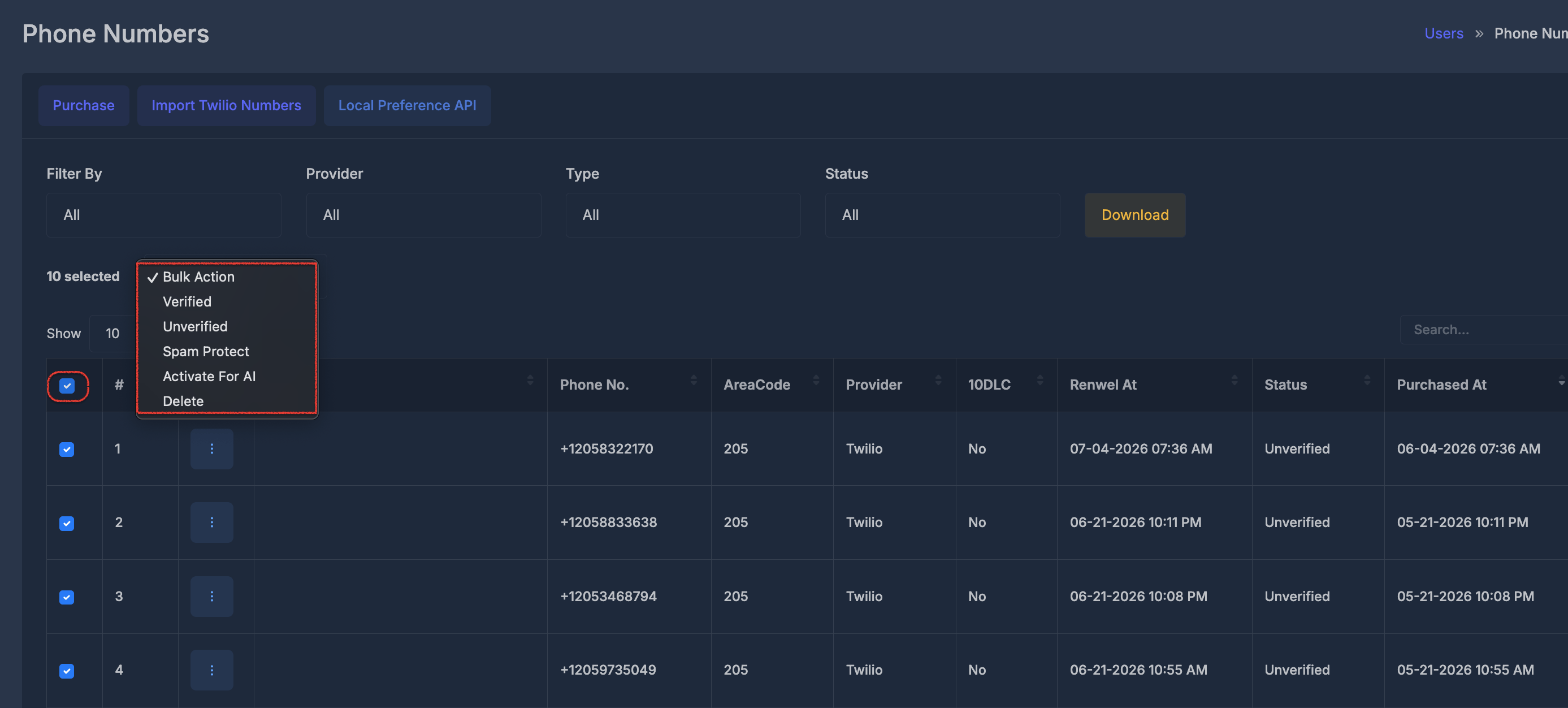 Bulk actions on phone numbers list