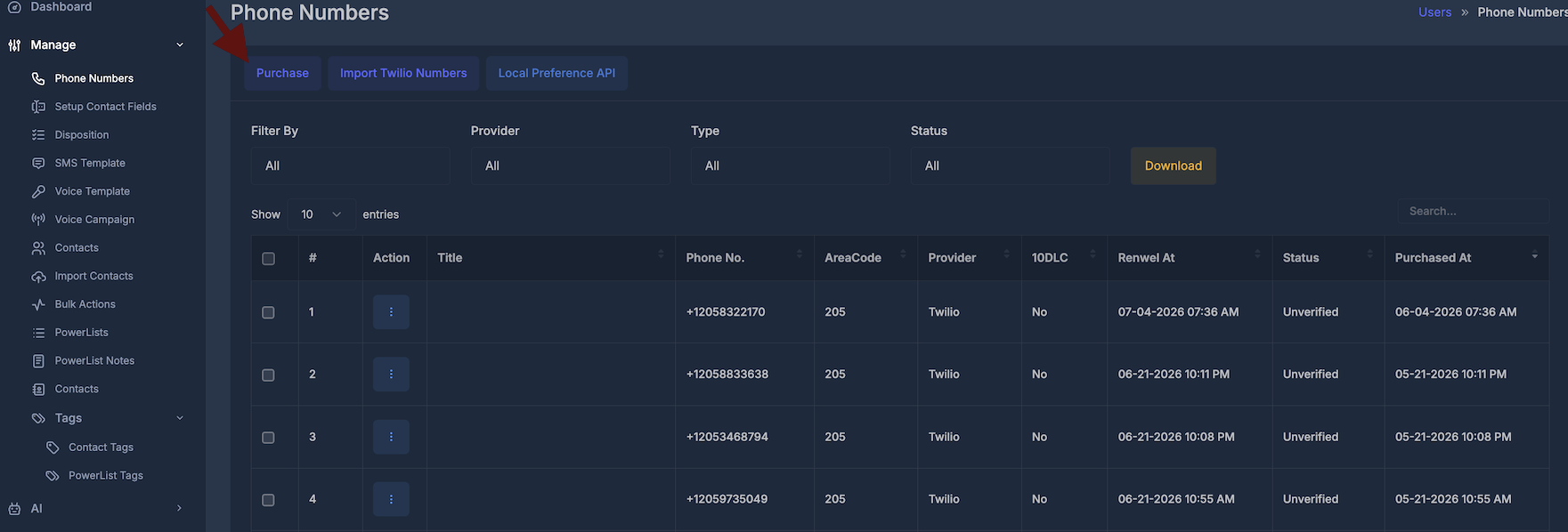 Purchase search results table