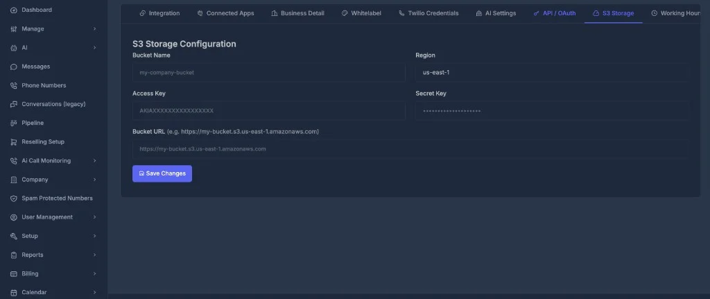 S3 Storage Configuration form in Settings