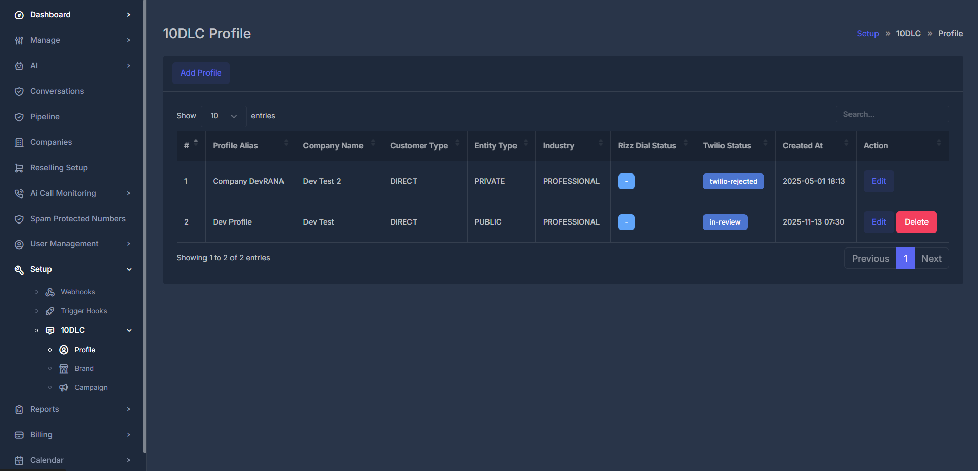 10DLC Profile Dashboard - Complete profile management interface