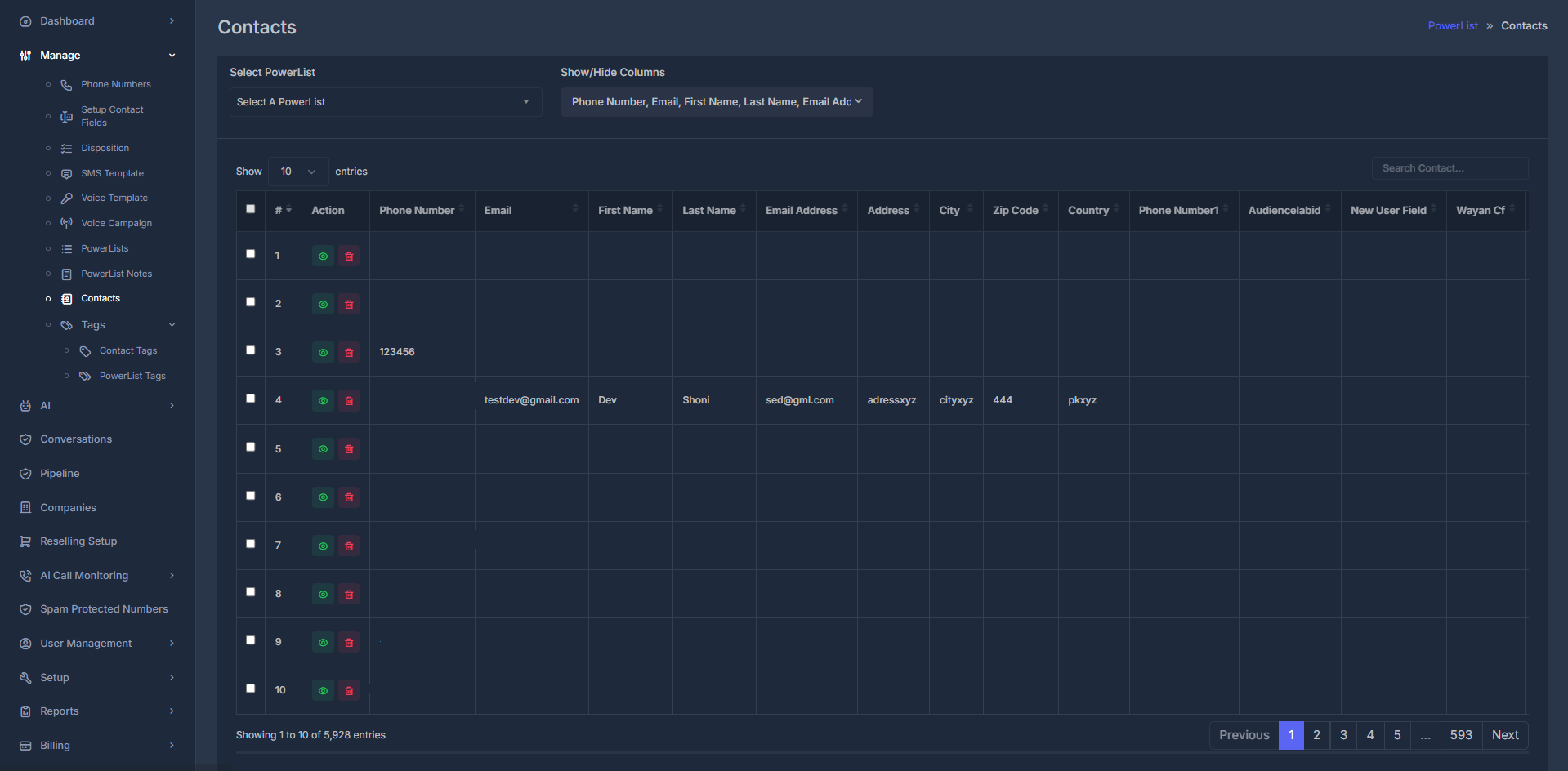 Contacts Management Dashboard with Show/Hide Column Feature