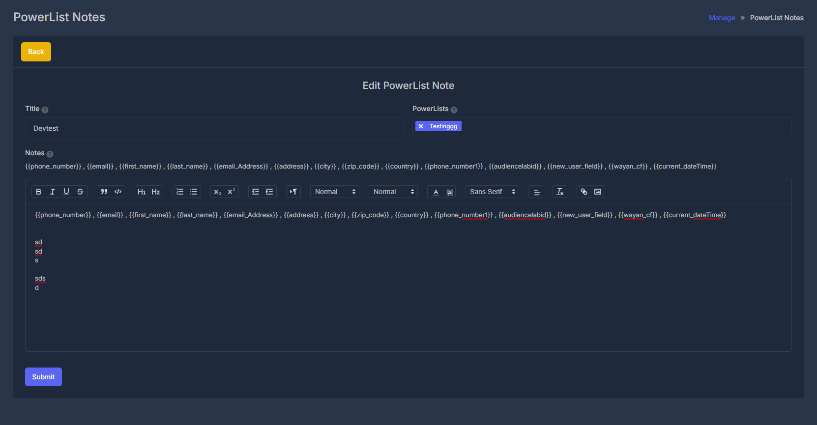 Edit PowerList Note - Interface Overview