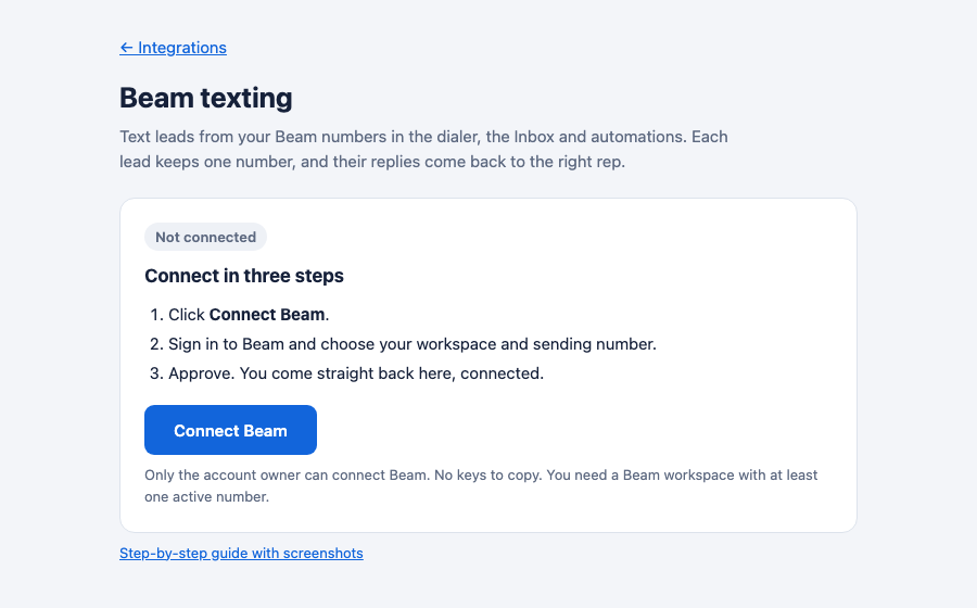 Beam texting page showing Not connected, three steps and a Connect Beam button