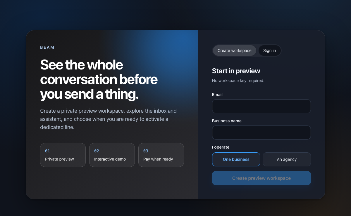 Beam sign-in screen with Create workspace and Sign in tabs