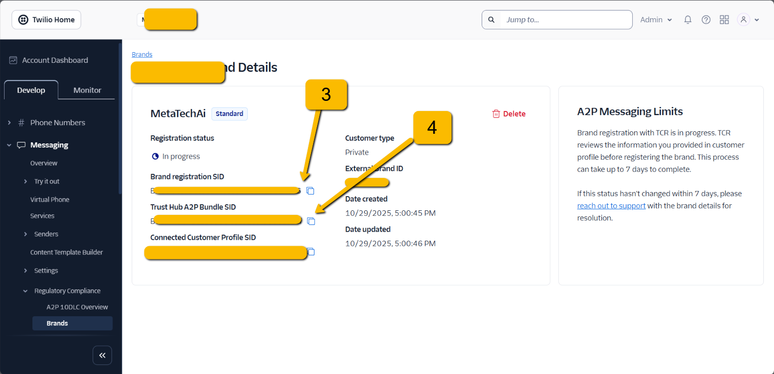 Twilio Brand Details page showing Brand Registration SID and Trust Hub A2P Bundle SID