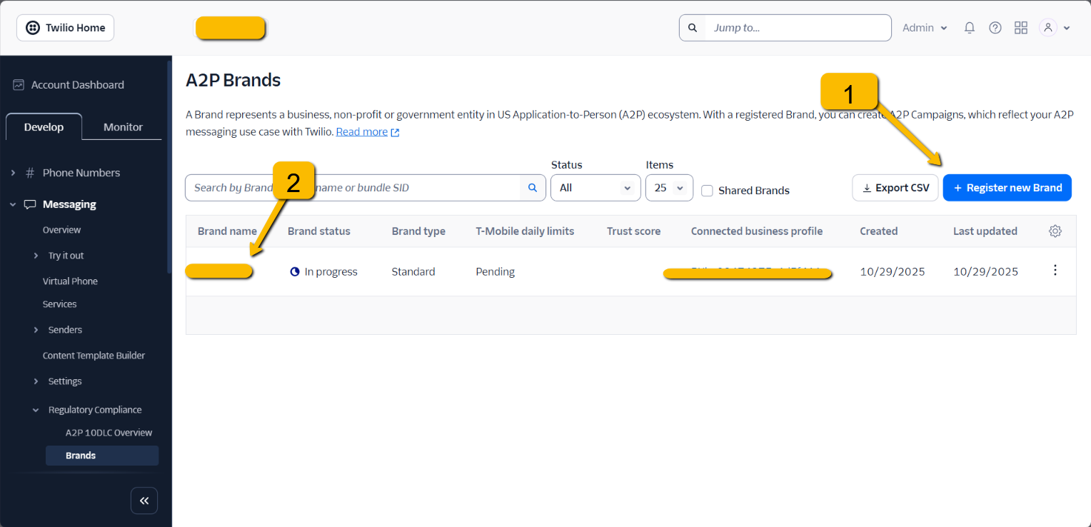 Twilio A2P Brands page showing brand registration interface