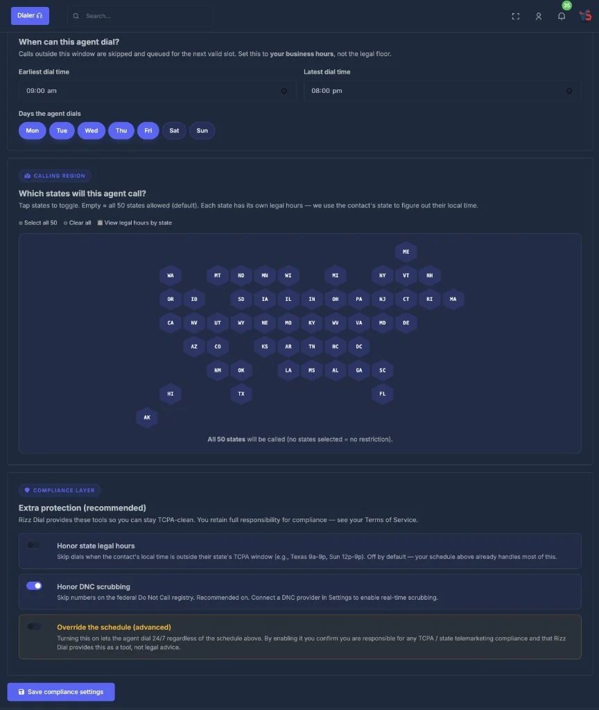 Dialing Compliance tab overview