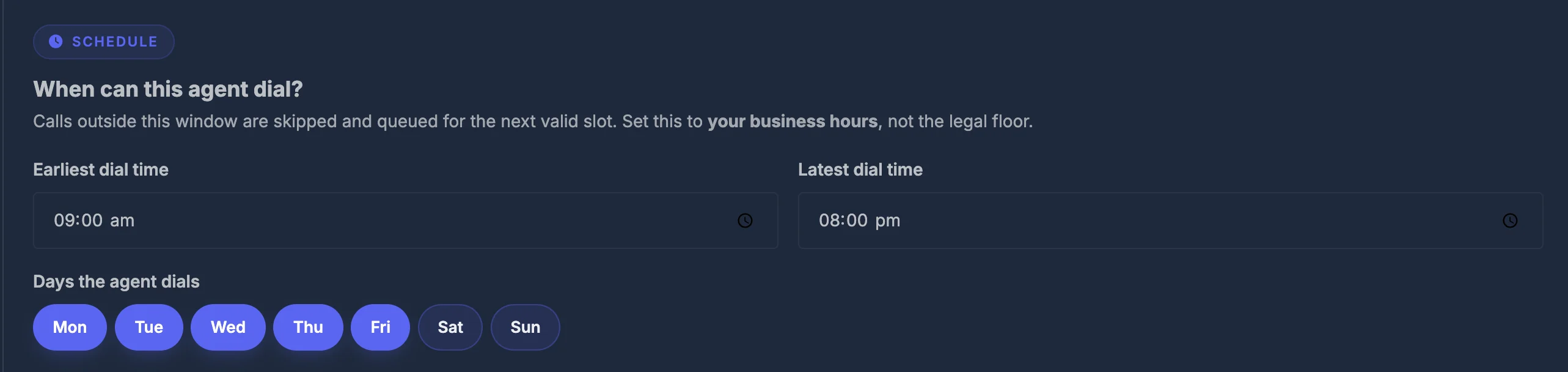 Section 1 β Schedule settings in the Dialing Compliance tab