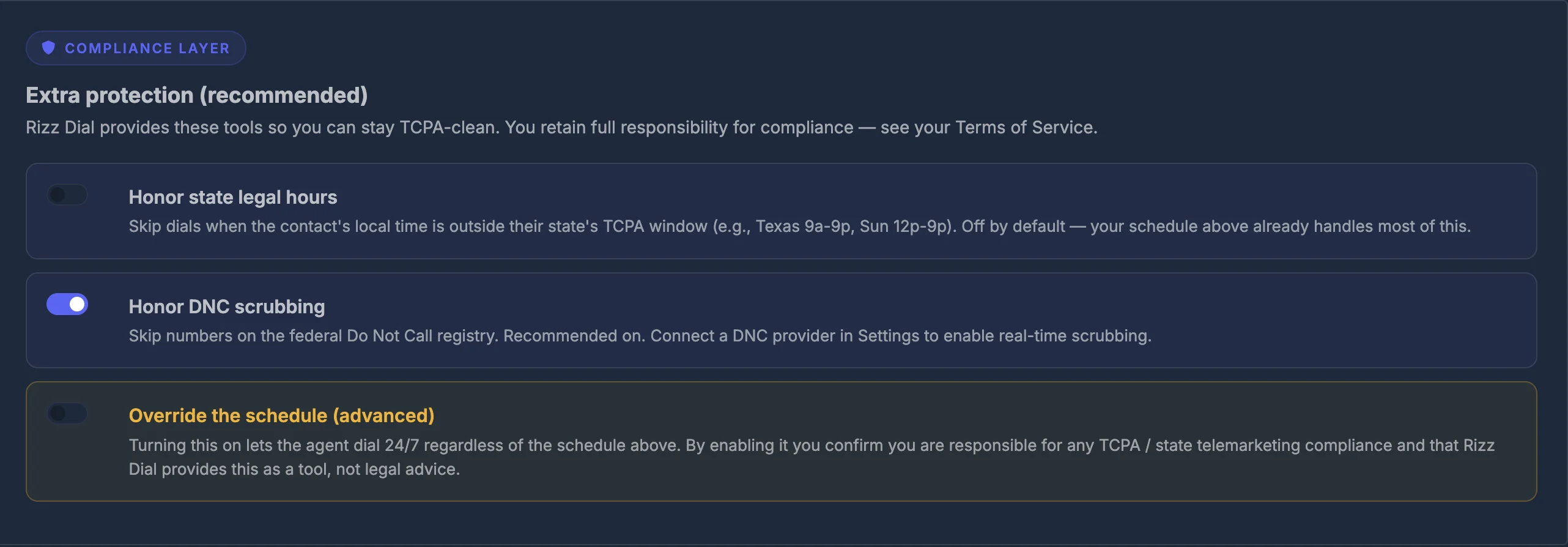 Section 3 β Compliance layer settings in the Dialing Compliance tab