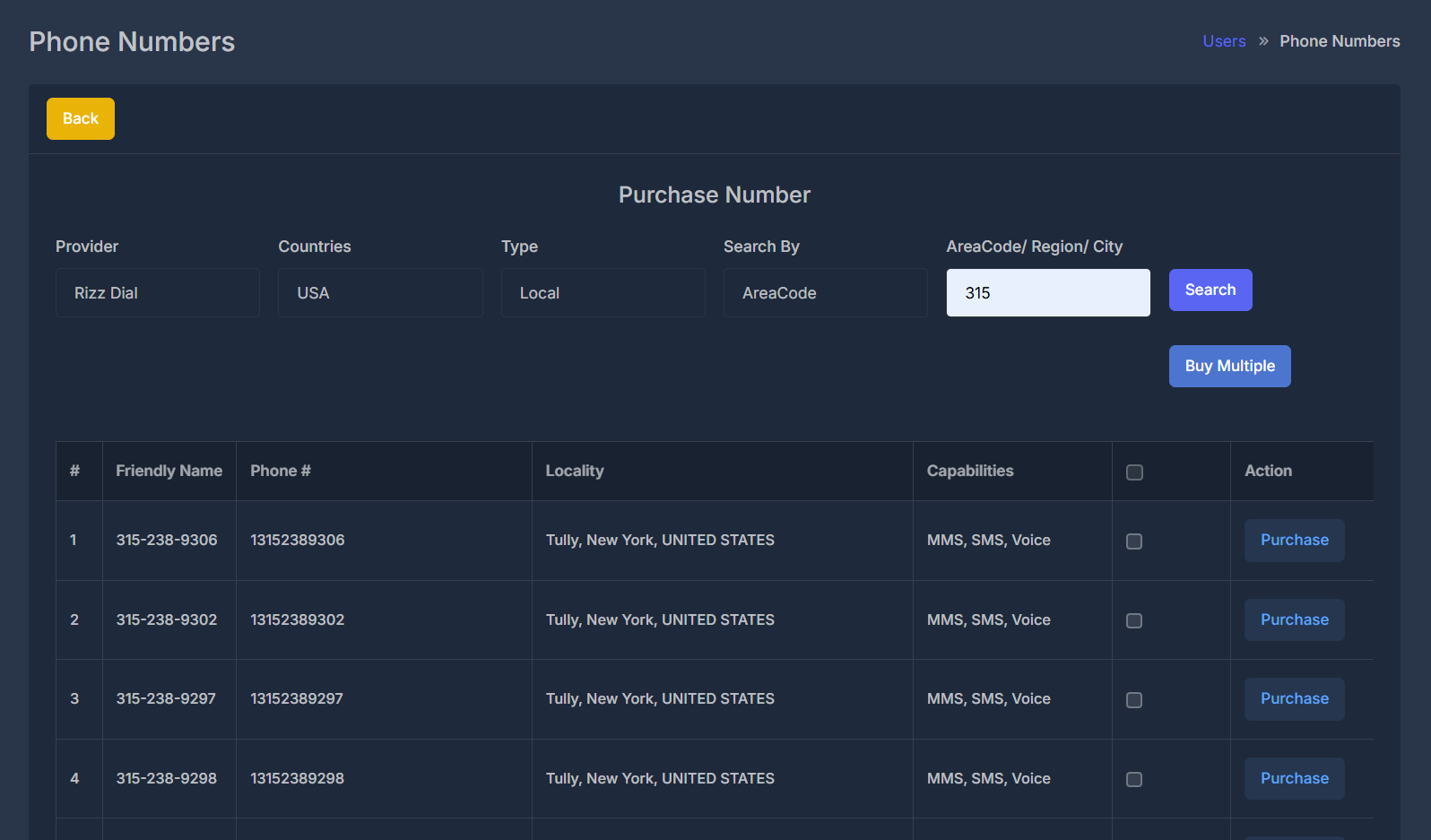 Phone Numbers Purchase Table