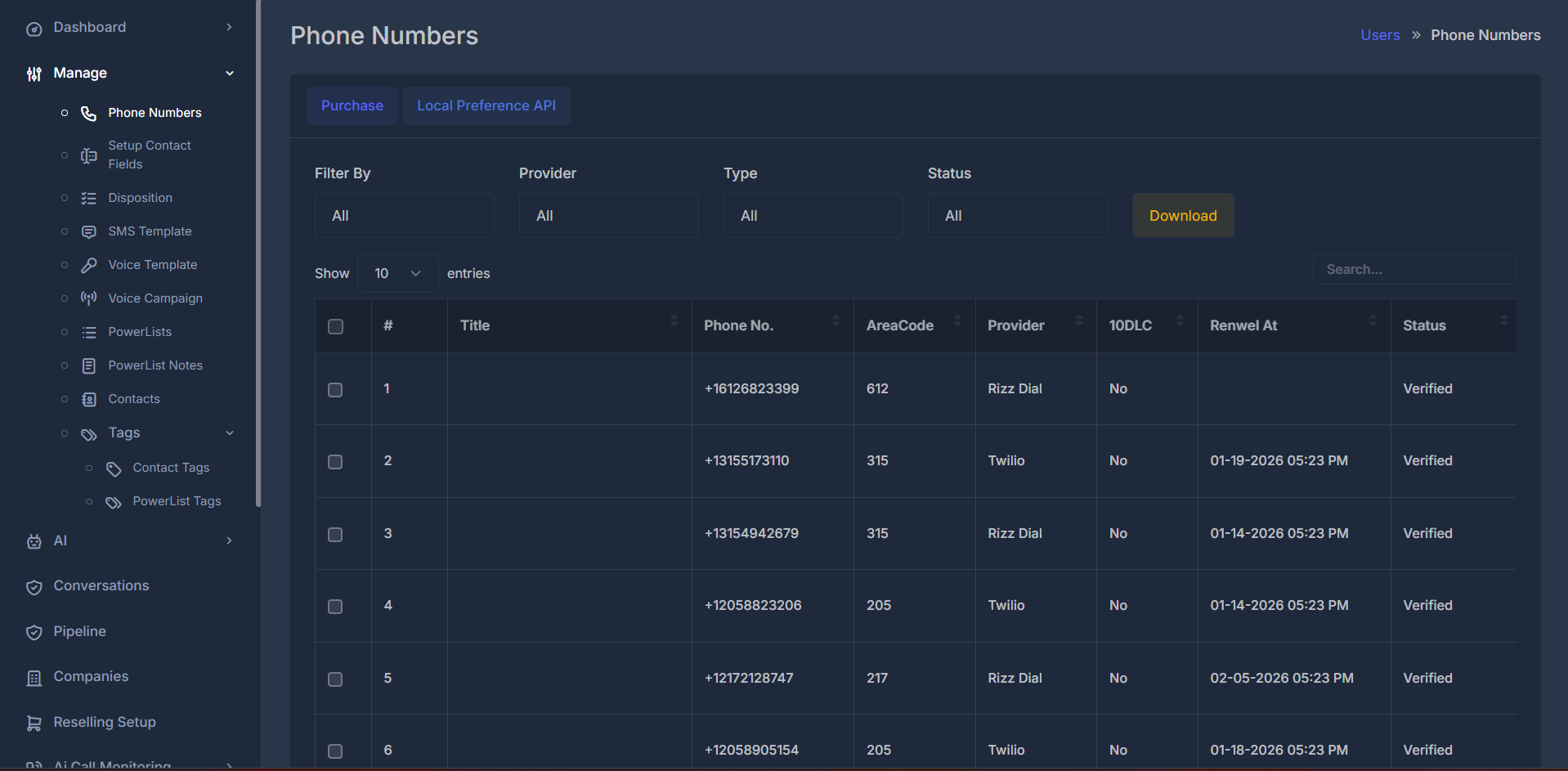 Phone Numbers Interface
