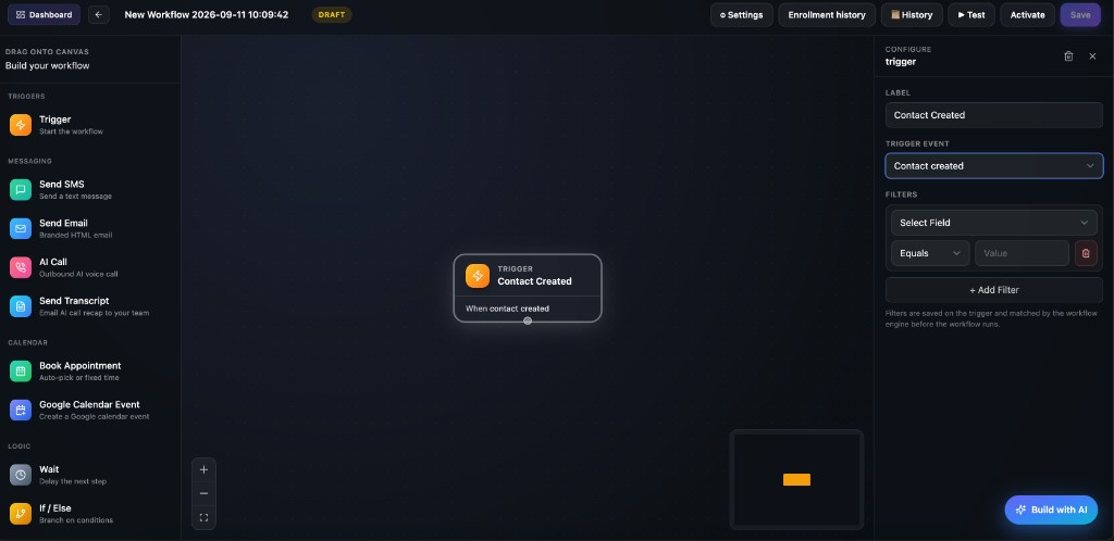 Workflow Builder with Contact Created trigger selected and configure panel with Trigger Event and Filters