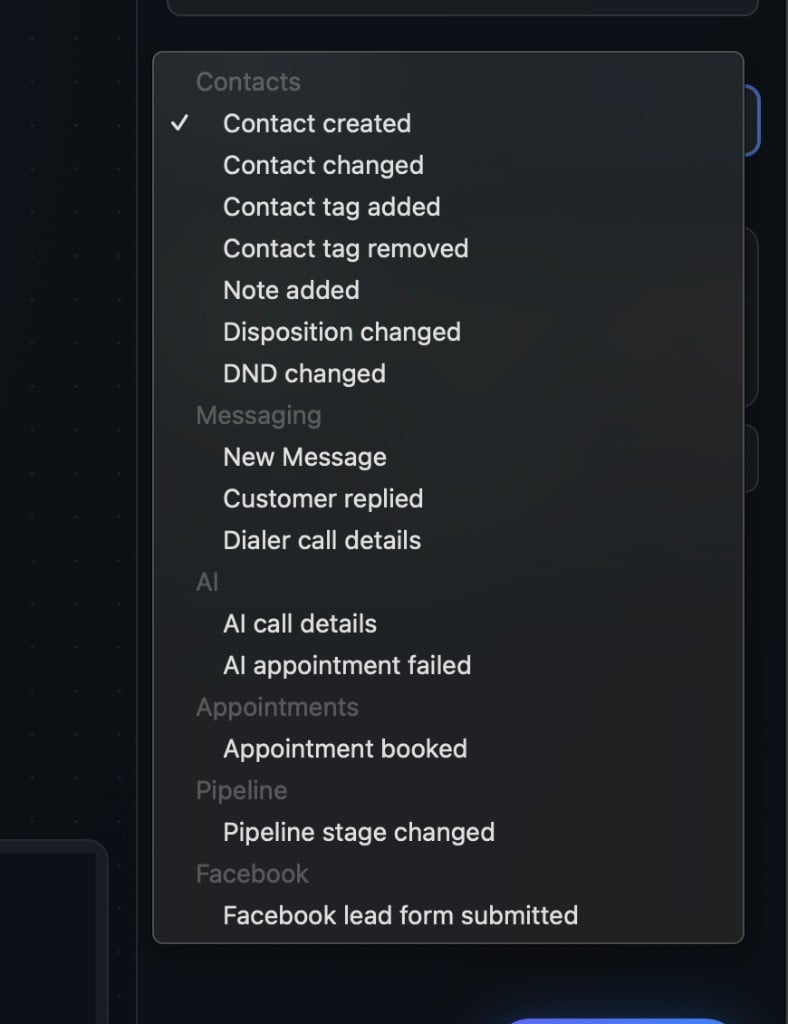 Trigger Event dropdown showing Contacts, Messaging, AI, Appointments, Pipeline, and Facebook options
