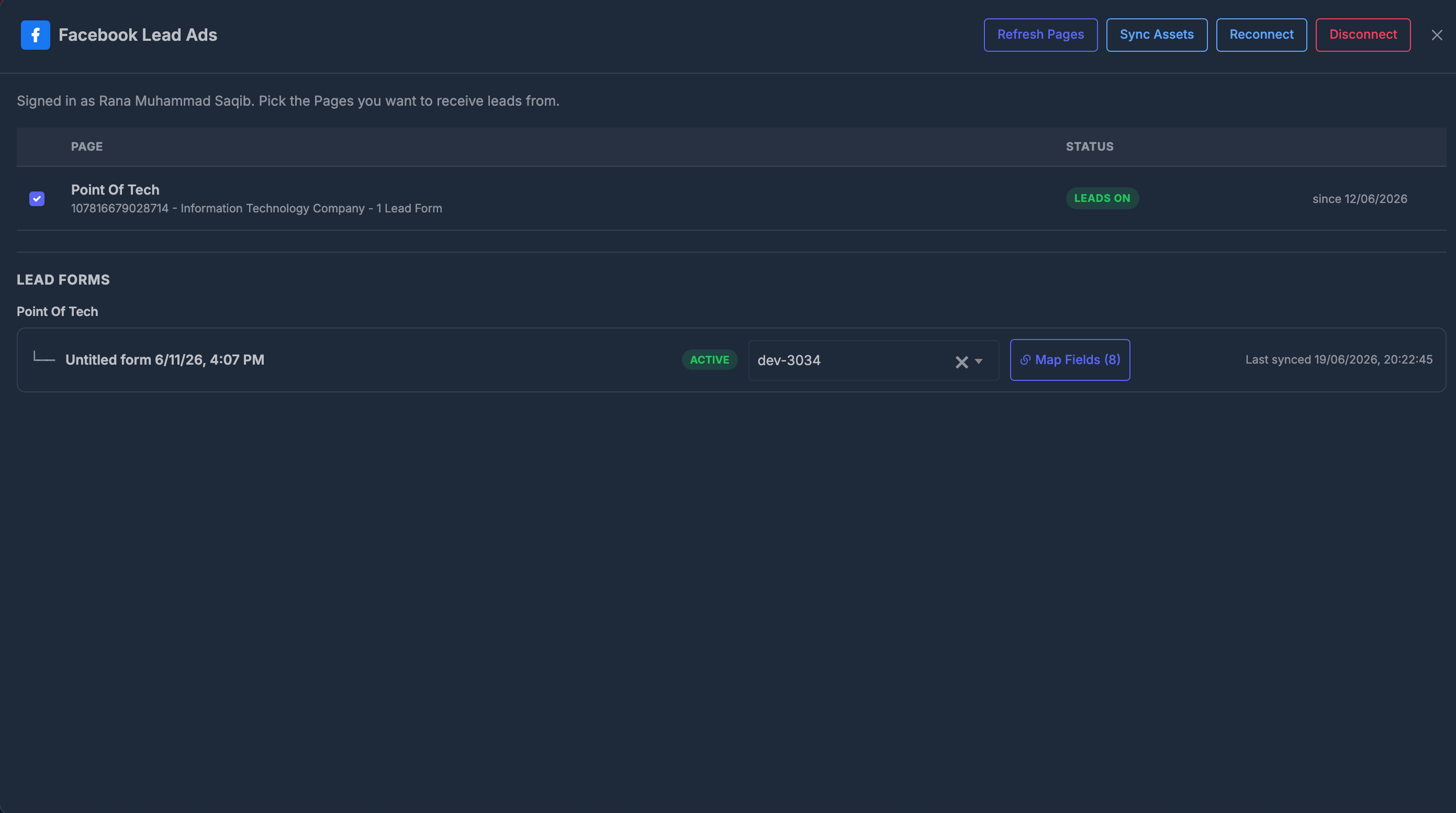 Facebook Lead Ads management window showing Pages, lead forms, PowerList assignment, and Map Fields